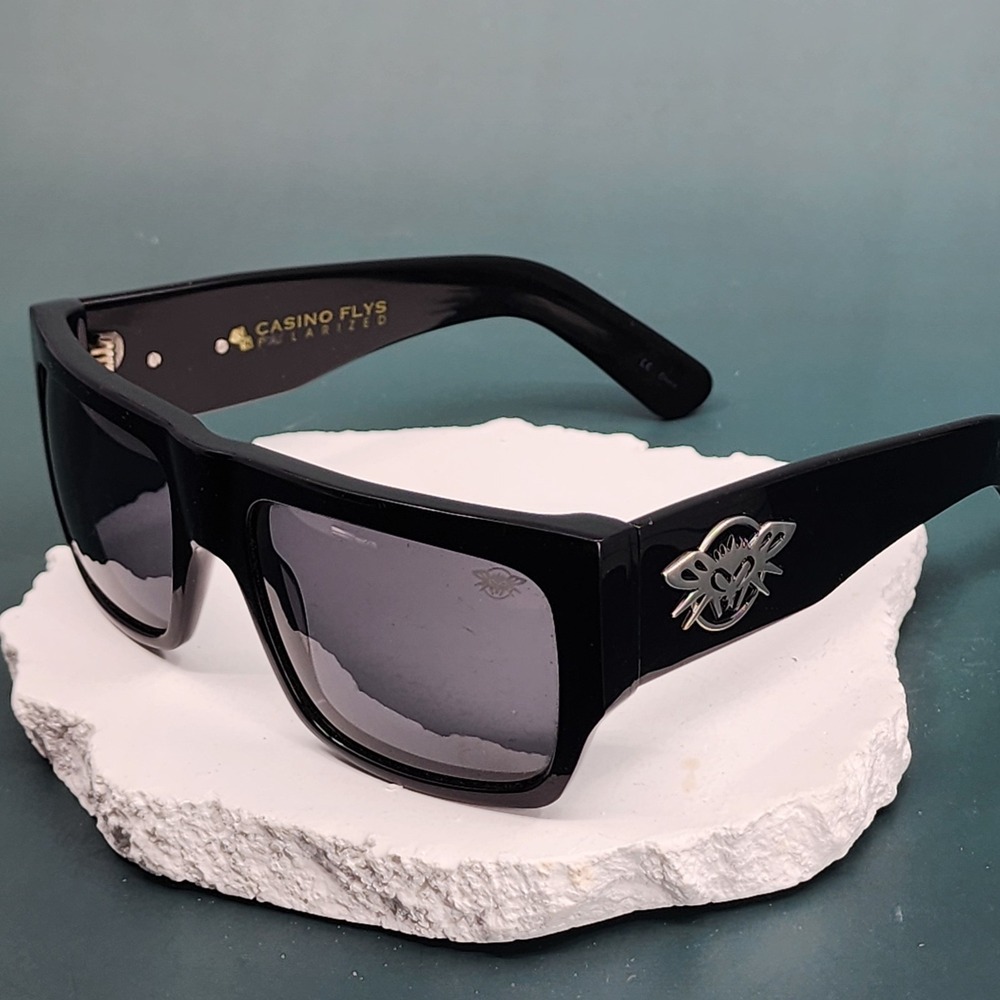 Casino Flys Polarized Sunglasses Black Rectangular Wrap Smoke Lens Fly Logo
